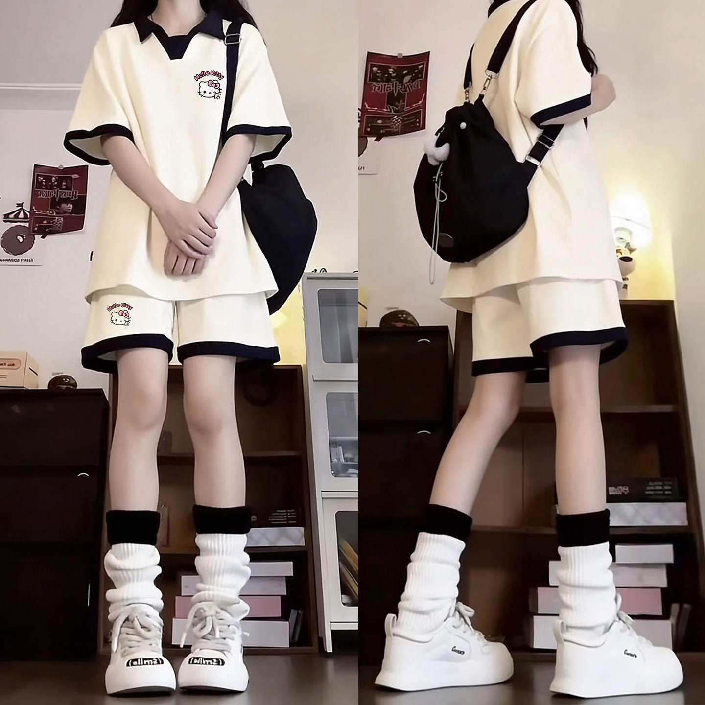 少女休闲运动服套装学院风polo领短袖短裤女夏季卡通小个子两件套