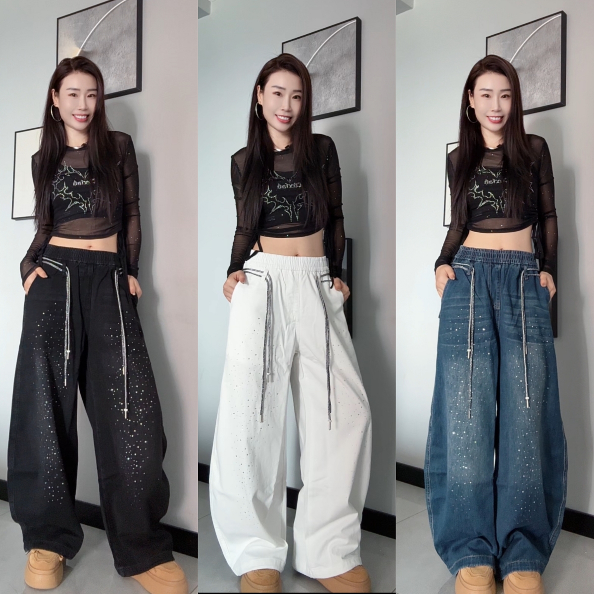 秋冬新款牛仔烫钻松紧长裤