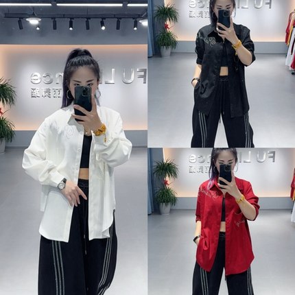 5566秋冬新款条纹绒烫钻长袖衬衣满天星广场曳步舞爵士现代舞衬衫