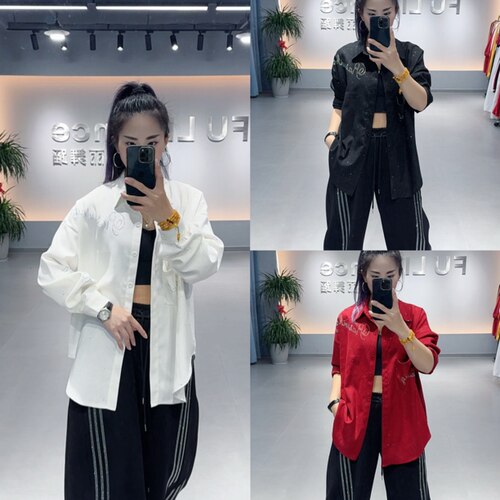 秋冬新款条纹绒烫钻长袖衬衣