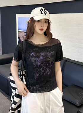 H057夏季新款网纱短袖拼接T恤小衫广场舞曳步舞修身短款套头上衣
