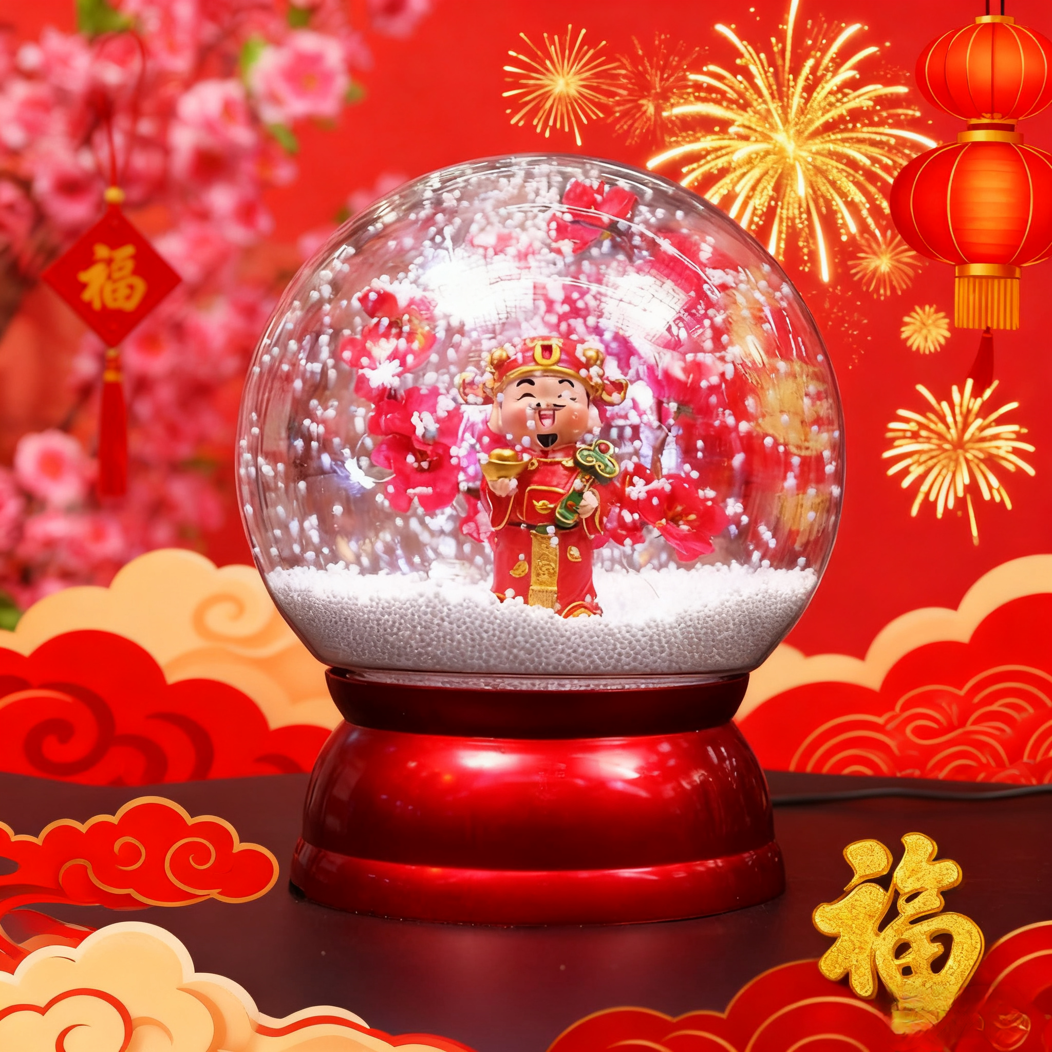 新年创意春节财神飘雪小夜灯光音乐桌面客厅电视机柜喜庆招财摆件