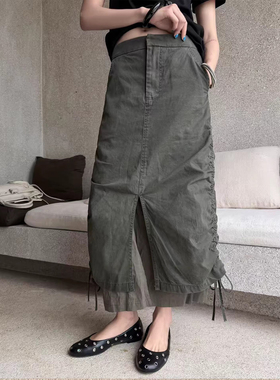 半身裙女工装风抽绳设计开叉显瘦中长款军绿色裙子55681