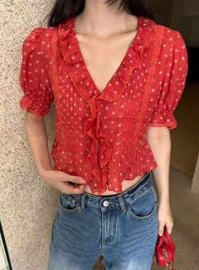 法式泡泡袖碎花衬衫女V领荷叶边红色上衣夏季苎麻短款衬衣