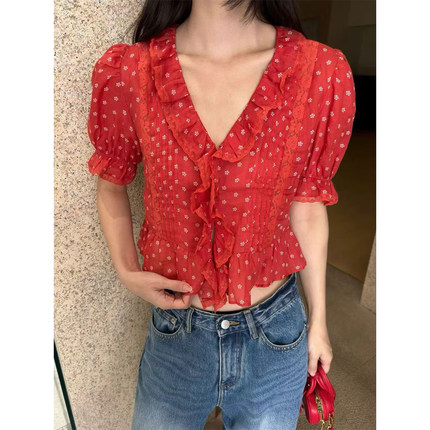 法式泡泡袖碎花衬衫女V领荷叶边红色上衣夏季苎麻短款衬衣