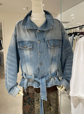 hello新款外套女2026复古牛仔风翻领绑带短款水洗百搭时尚夹克