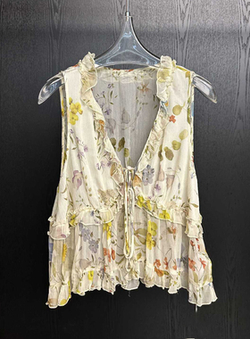 2026新款女装法式甜美风V领碎花吊带背心女宽松荷叶边显瘦上衣
