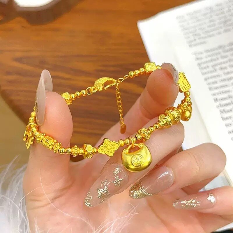 金店同款古法沙金福锁小花手链女手链