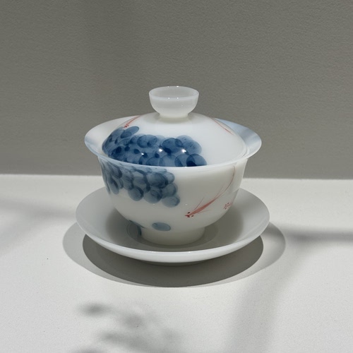 璞玉冰种手绘盖碗茶杯套装三才盖碗茶碗不烫手泡茶碗陶瓷白瓷茶杯