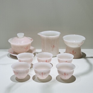 璞玉粉兰花盖碗茶杯套装冰种陶瓷三才碗白瓷泡茶碗不烫手功夫茶具