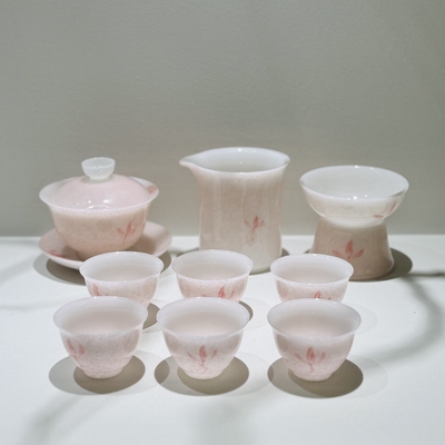 璞玉粉兰花盖碗茶杯套装冰种陶瓷三才碗白瓷泡茶碗不烫手功夫茶具