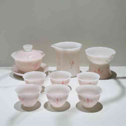 璞玉粉兰花盖碗茶杯套装冰种陶瓷三才碗白瓷泡茶碗不烫手功夫茶具