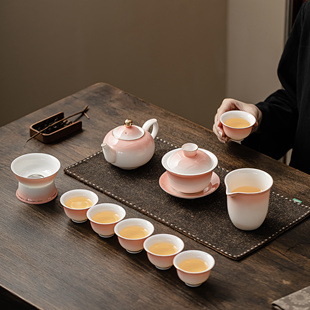 手绘渐变羊脂玉茶具套装茶杯茶壶盖碗公道杯茶漏泡茶碗品茗杯