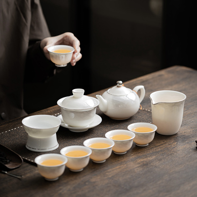 羊脂玉瓷功夫茶具套装家用泡茶壶盖碗茶杯陶瓷高档中式不烫手