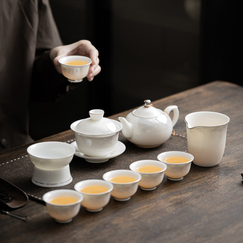 羊脂玉瓷功夫茶具套装家用泡茶壶盖碗茶杯陶瓷高档中式不烫手