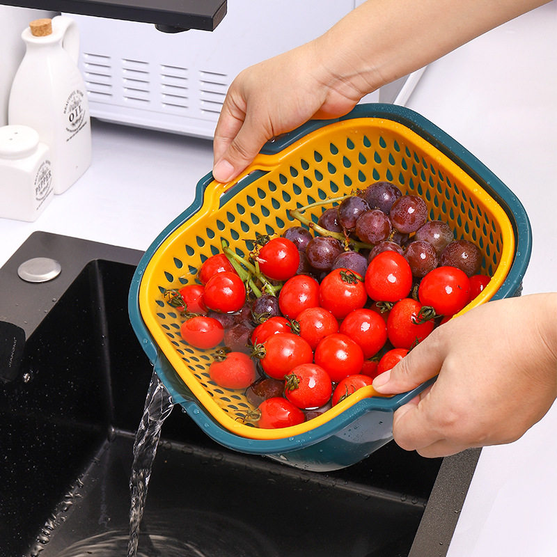 沥水篮厨房双层水果蔬菜塑料撞色沥水篮方形塑料加厚收纳洗菜