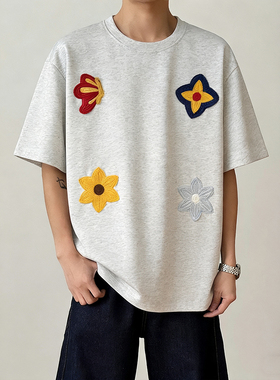 夏季情侣款休闲绣标短袖男T恤 白花灰 DT2602/P20