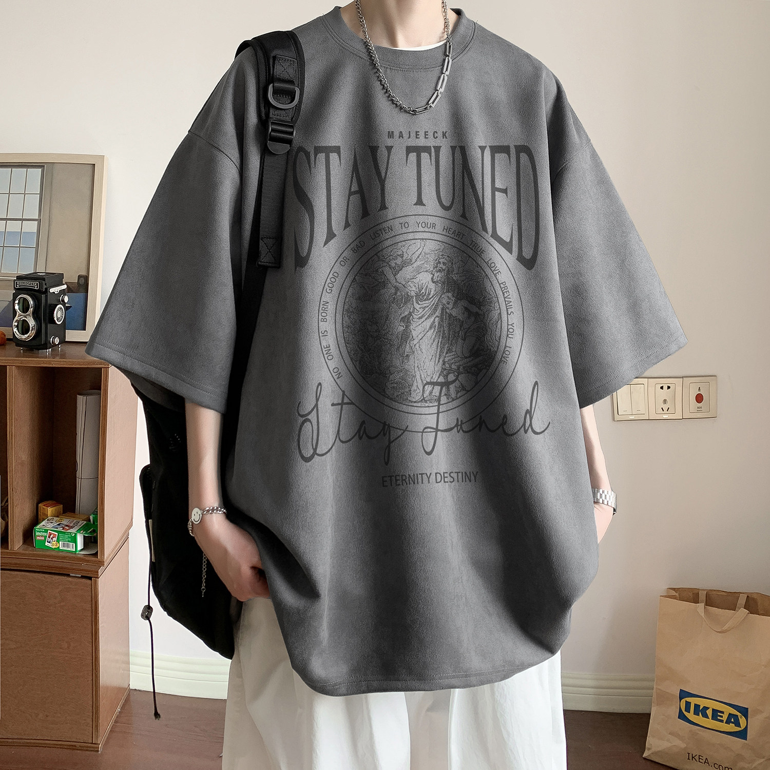 夏季米白色麂皮绒烧花短袖T恤T380/特批25控38,男装T恤,电商C413