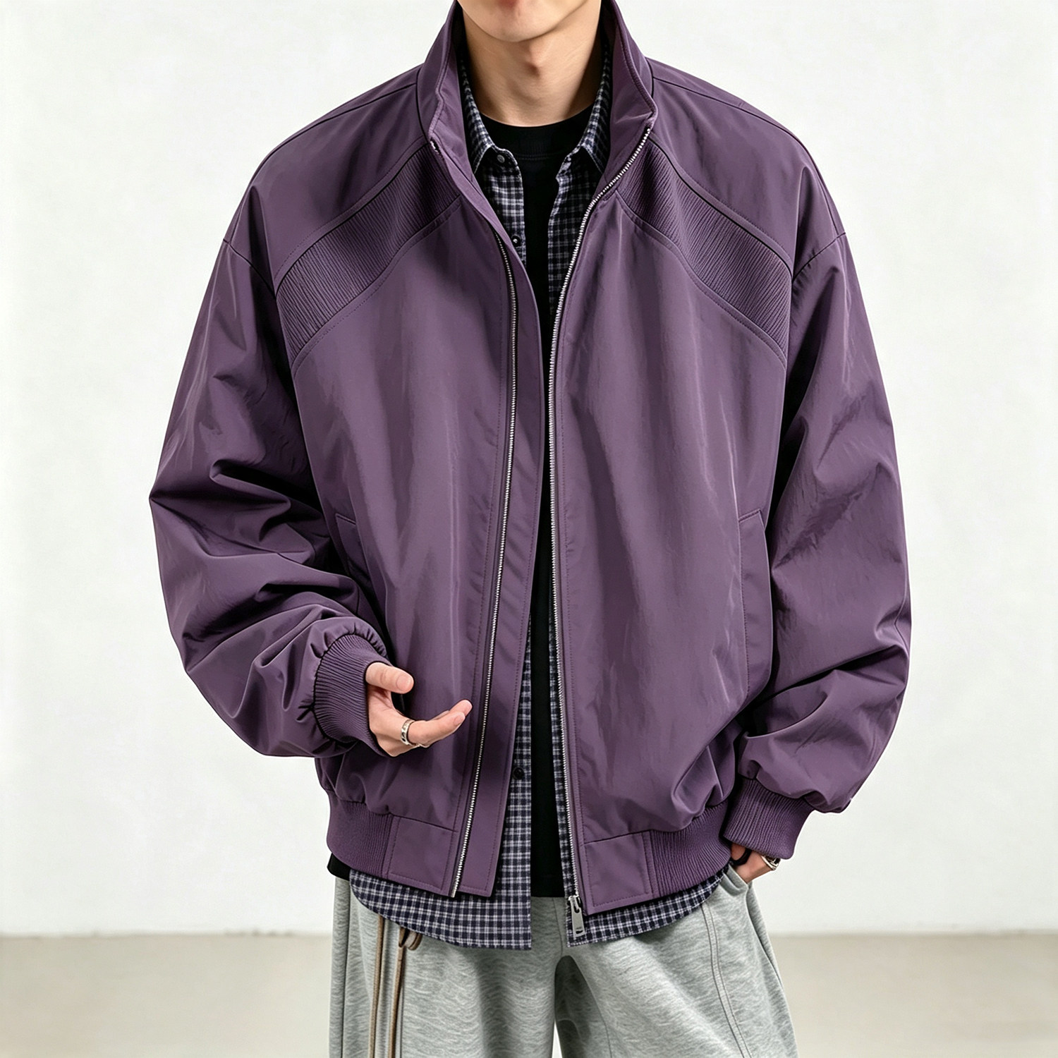 男式立领螺纹拼接飞行夹克外套 紫色  JK26907/P30图片