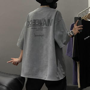 夏季鹿皮绒美式前后烧花工艺短袖T恤 米色 T313/特批25 控38图片
