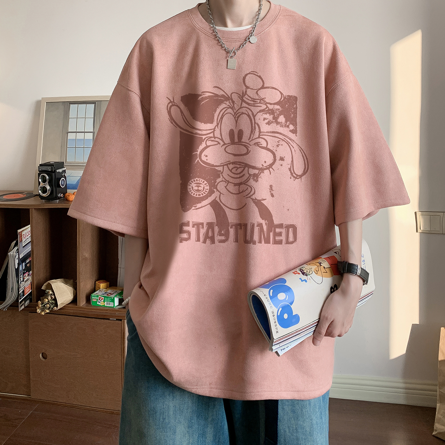 粉色短袖情侣T恤麂皮绒烧花上衣DT2556/P25控39，男装T恤，电商C413