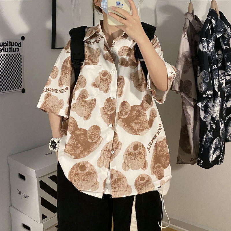 Summer casual bear print short sleeve shirt