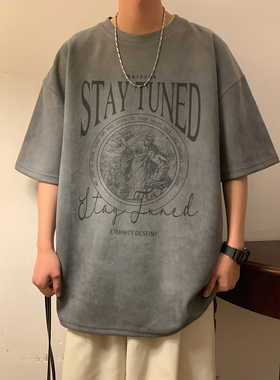 麂皮绒烧花休闲短袖T恤 深灰色  T380/特批25 控38