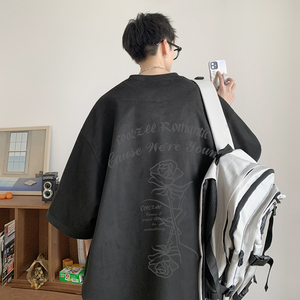 潮牌麂皮绒玫瑰花烧花T恤 深灰色 T334/特批25 控38图片