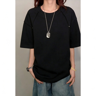 DT2605 P16 T恤男 黑色色麂皮绒铆钉显瘦短袖