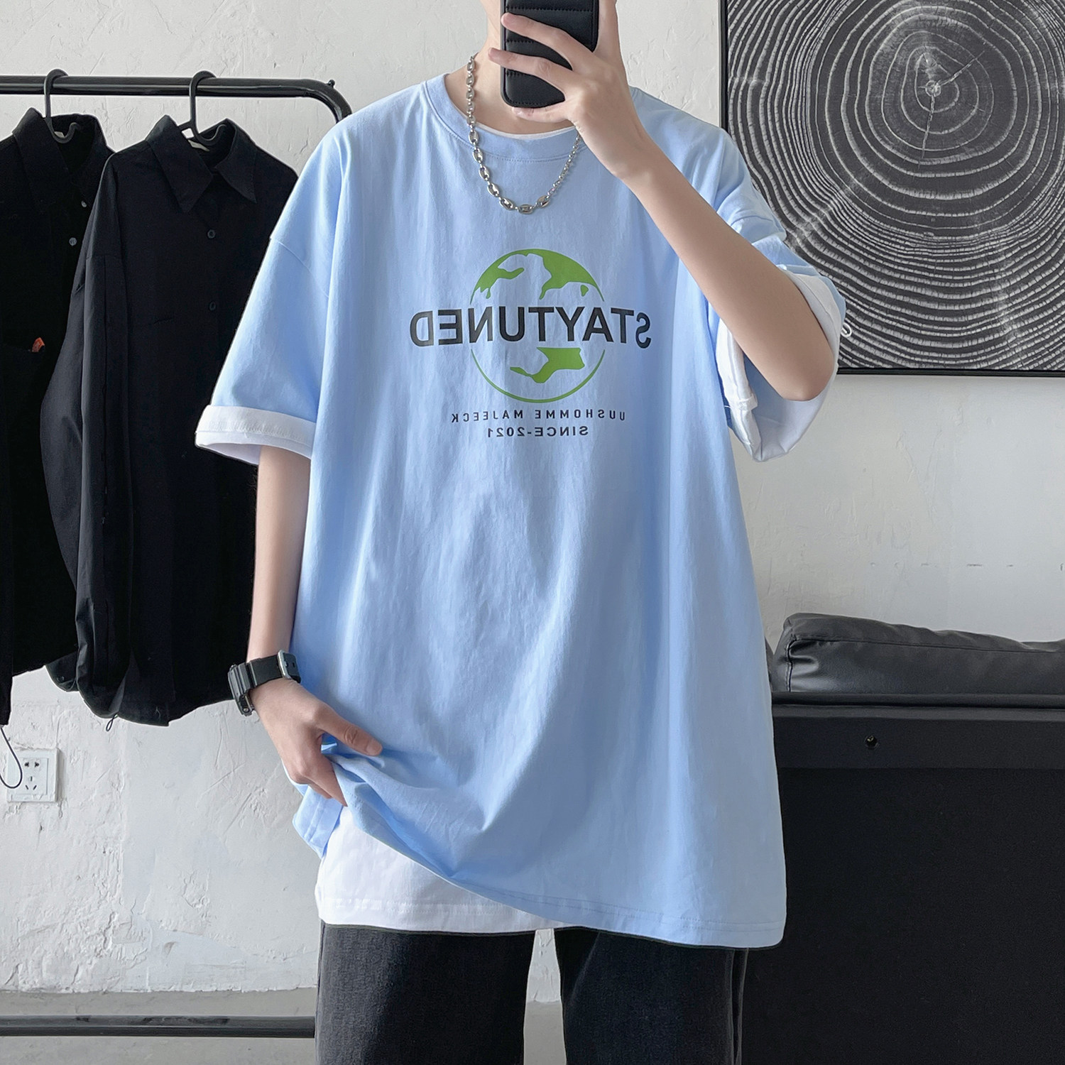 夏季青春流行短袖半袖寬鬆圓領恤