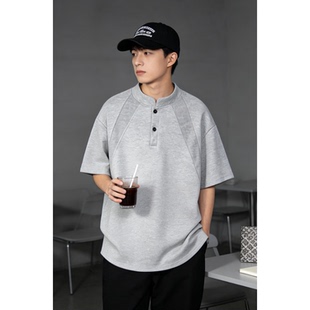DT2601 夏季 T恤 休闲亨利领拼接短袖 P20 男休闲小立领男士