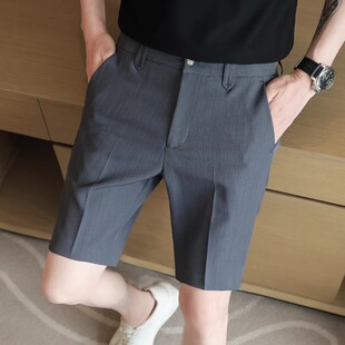 LL男装西装短裤男夏薄款五分修身休闲英伦痞帅发型师灰蓝色中裤潮