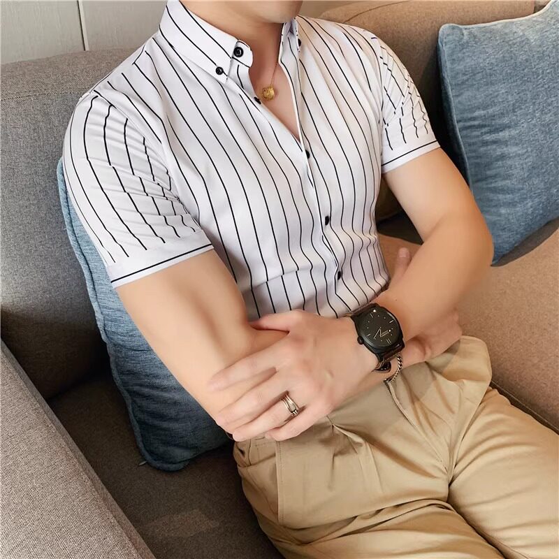LL男装衬衫男短袖修身夏休闲免烫英伦潮流竖条纹韩版青年帅气衬衣