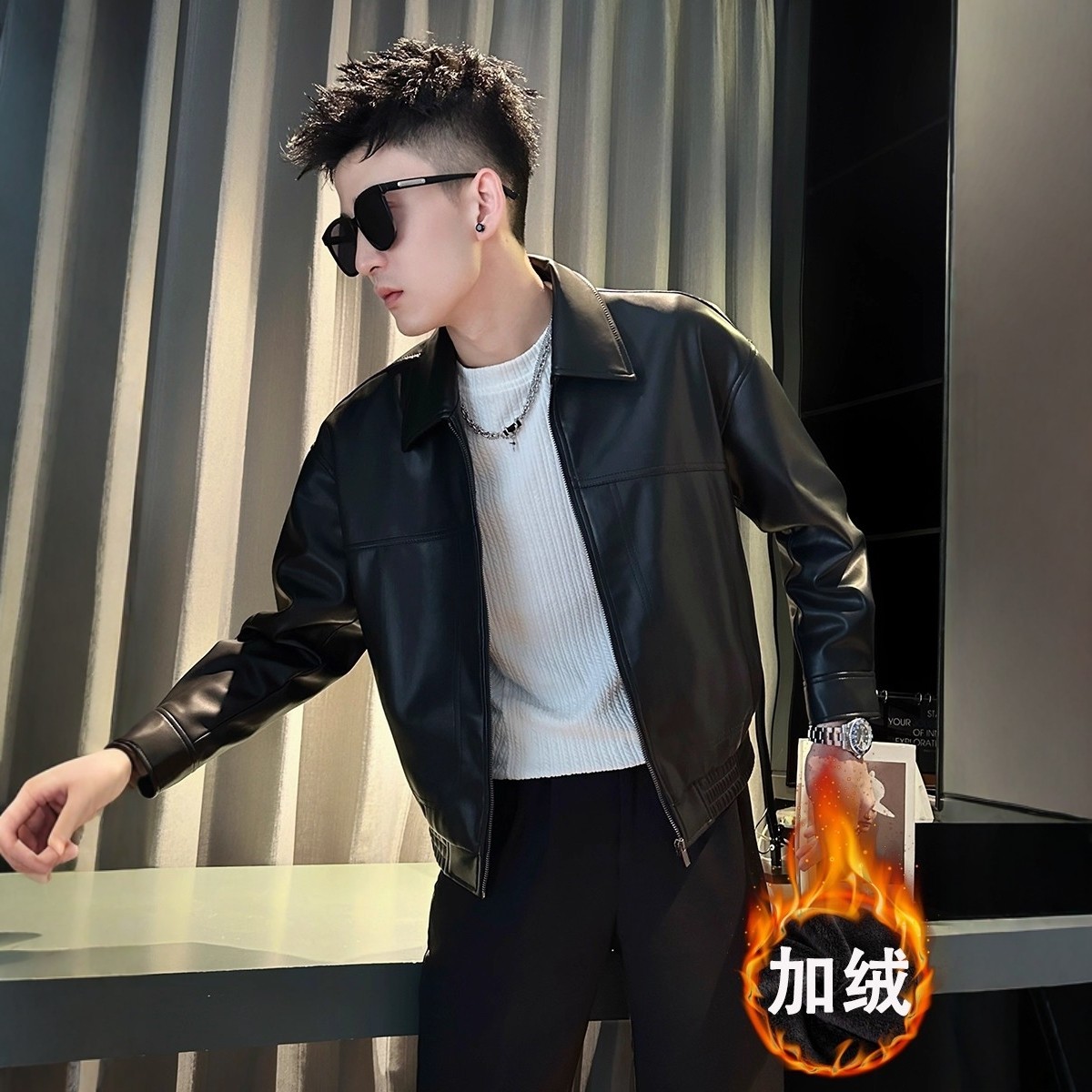 LL男装皮衣男冬季加绒加厚高级感2025新款爆款修身痞帅风夹克外套