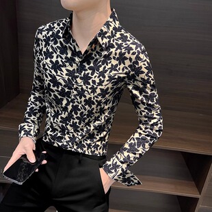 LL男装衬衫男高级感长袖休闲痞帅修身2026新款碎花韩版潮流花衬衫