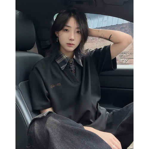 假两件格子拼接短袖t恤男
