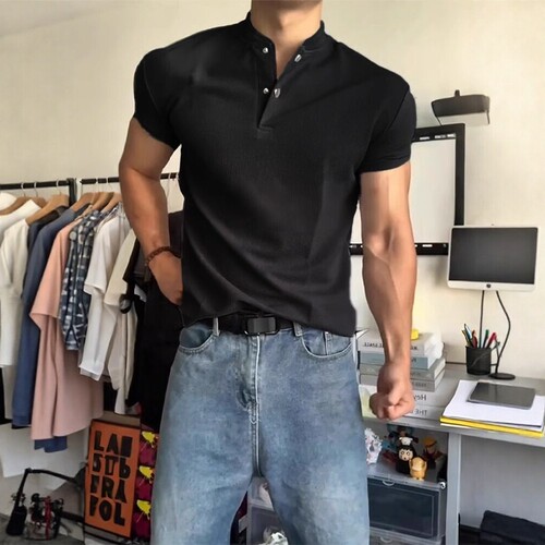 LL男装美式亨利领短袖polo衫男
