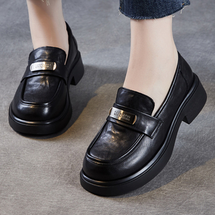 真皮女鞋秋冬加绒软底乐福鞋英伦风小皮鞋头层牛皮一脚蹬厚底单鞋