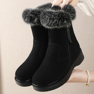 43毛绒雪地靴冬季 加绒加厚保暖防滑厚底黑色短靴 女鞋 真皮大码