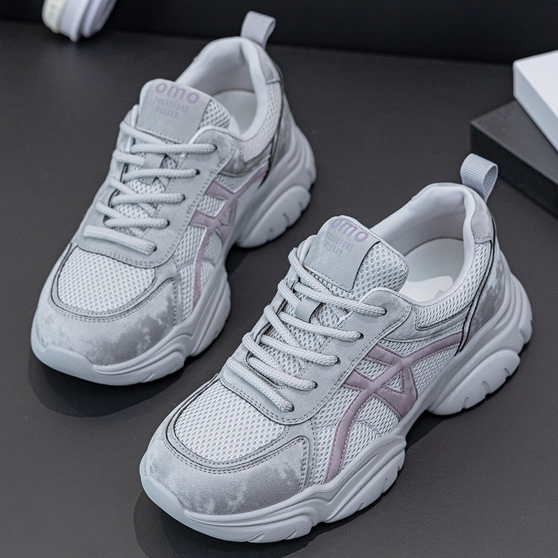 休闲网面透气厚底运动鞋春季百搭老爹鞋超轻便真皮大码女鞋41-43