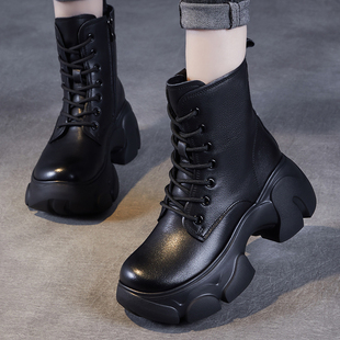 头层牛皮英伦风厚底马丁靴女冬季 保暖加绒短靴小个子增高厚底靴子