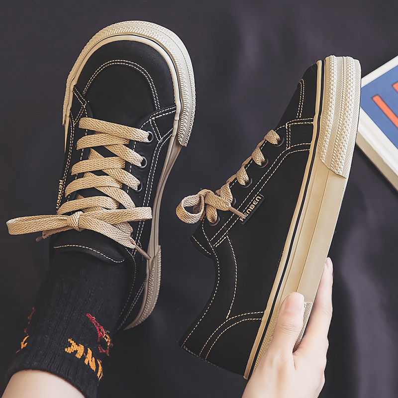 人本帆布鞋女韩版圆头交叉绑带黑色低帮百搭休闲潮板鞋透气小白鞋