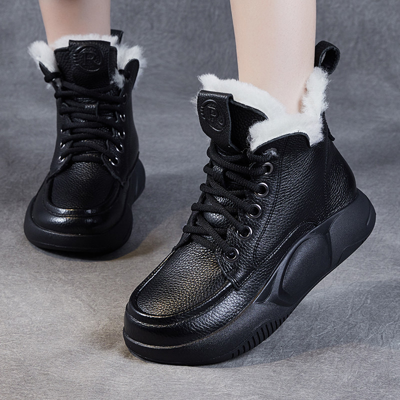 东北加厚真皮高帮棉鞋女冬季新款百搭加绒马丁靴软底羊毛休闲短靴