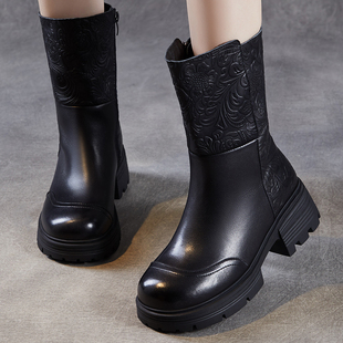 头层牛皮女鞋 加绒保暖中筒靴压花厚底短靴 英伦风真皮马丁靴女冬季