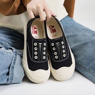 人本一脚蹬套脚懒人帆布鞋女2026春季新款百搭原创女鞋透气小白鞋