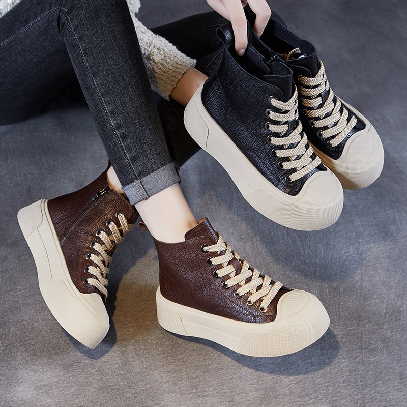 头层牛皮女鞋韩版真皮加绒高帮鞋黑色系带厚底松糕休闲鞋百搭板鞋