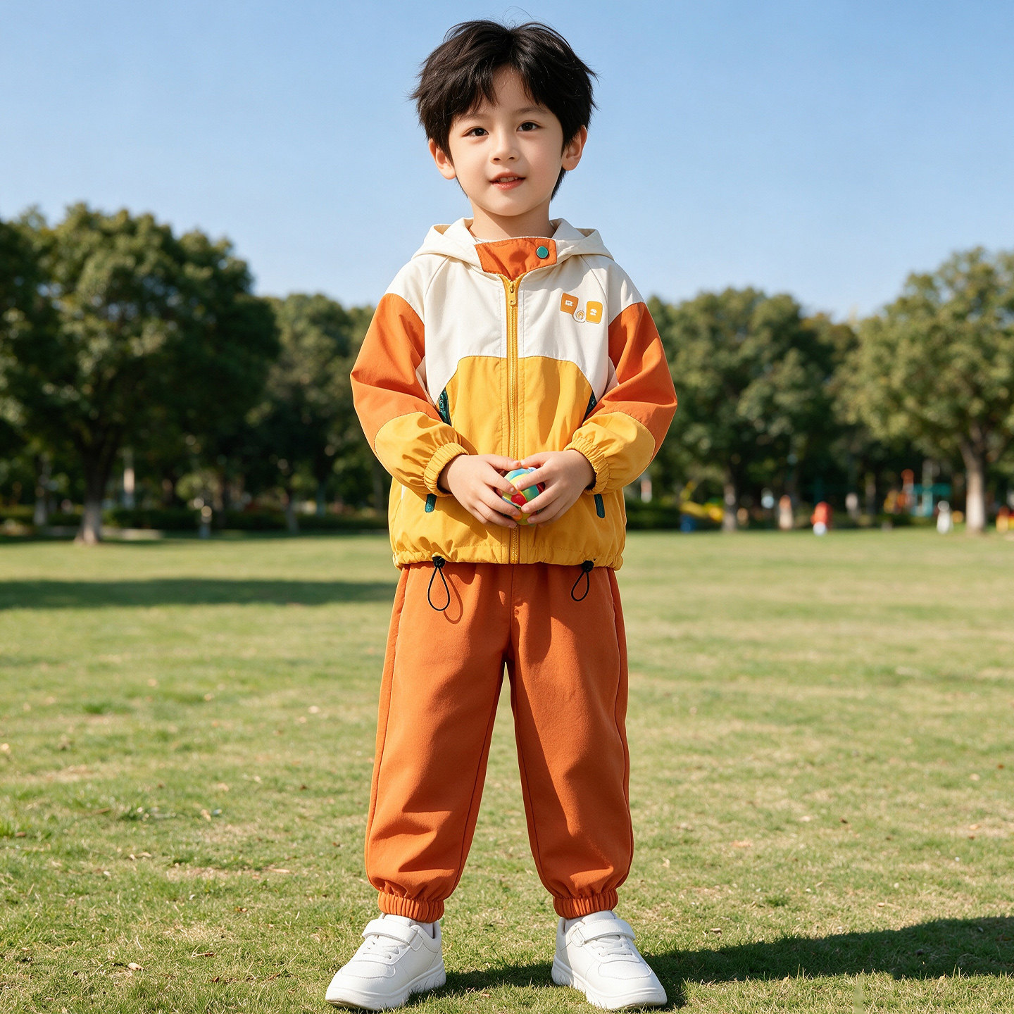 儿童运动套装春秋装男童拼色连帽外套小学生班服男童休闲两件套潮