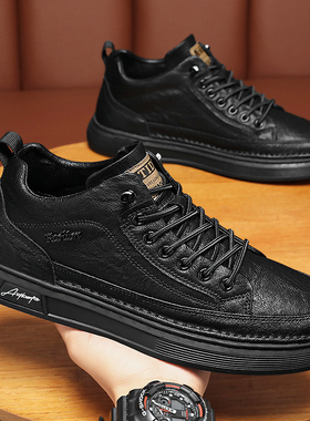 皮鞋男鞋秋季厨师上班防滑防水工作厨房专用休闲黑色耐脏劳保板鞋