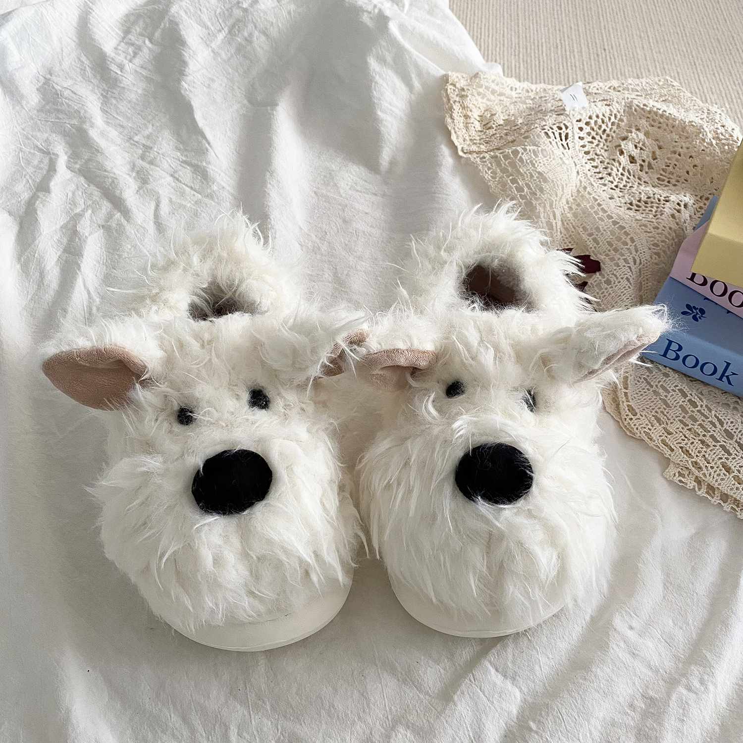 可爱卡通小狗毛毛拖鞋秋冬新款