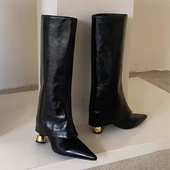 2025秋冬辣妹风瘦瘦靴高定小众尖头酒杯跟高筒骑士靴高跟裤 管靴女